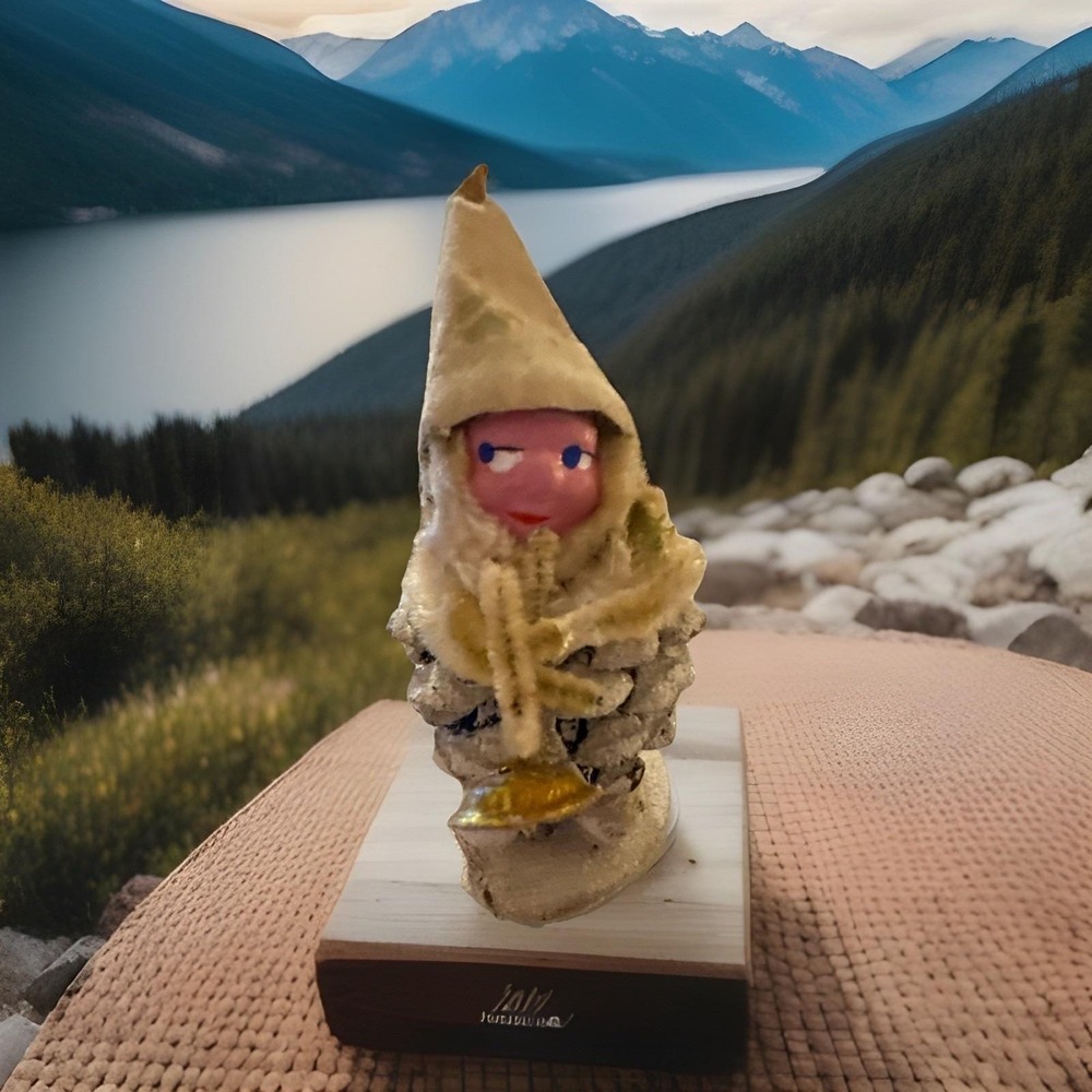 Antique Pinecone Elf Pixie Musician Trumpet Christmas Figure From Japan Side Eye
